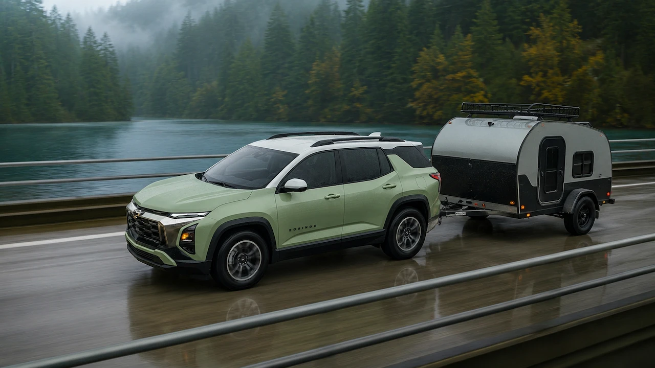 Chevrolet Equinox remorquant une tente-roulotte sur une route pluvieuse.